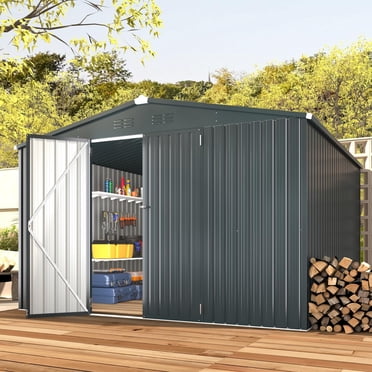 YODOLLA 10 x 10 Ft Metal Outdoor Storage Shed, Sloped Roof and Lockable Double Doors, Dark Grey