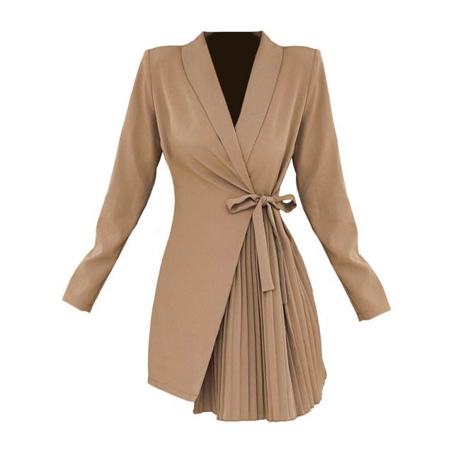 WTXUE Robes d'Uniforme, Blazer à Manches Longues Ligne A Col en V, Automne Hiver Veste de Complet en Dentelle Plissée Robe Unie Falda Courte Mujer Blouson Mini pour Femme Grande Taille, Brun Taille TTG