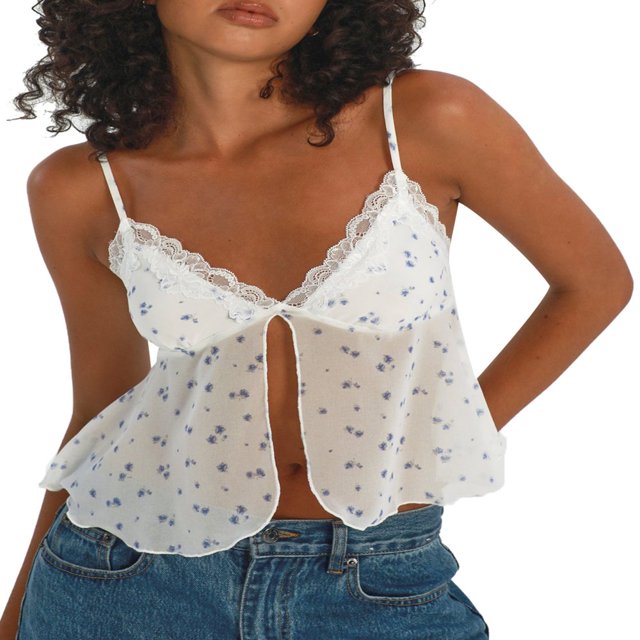 Women Camisole Spaghetti Straps Backless Lace Solid Floral Slit Summer Tops