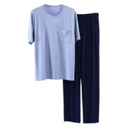 FhsagQ Pajamas Men's Pajamas Sleepwear Cotton Super Fit Men's Thin Pajamas Homewear Set of Short Sleeved Trousers Casual Style Solid Coloured Homewear Blue XXXXL