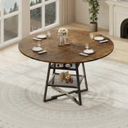 47" Round Dining Table for 4-6, Farmhouse Kitchen Table with Metal Base and Storage Shelf, Wooden Dining Table Set for Small Space Kitchen, Dining Room