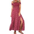 thumbnail image 1 of Women's Boho Off Shoulder Strapless Summer Beach Floral Slit Maxi Dress Red-XL, 1 of 5