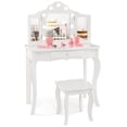thumbnail image 1 of Costway Coiffeuse pour Enfant avec Tabouret, Miroir Tri-Pliable, Lumière DEL 3 Couleurs Réglable, Blanc, 1 of 10