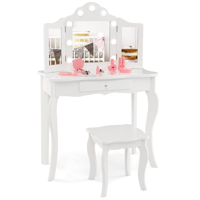 Costway Ensemble de Coiffeuse et Tabouret pour Enfant en Blanc Conçu pour les Chambres d'Enfants, Doté d'Un Miroir Tri-Pli avec des Lumières DEL à 3 Couleurs Réglables. Comprend un Plateau Spacieux, un Tiroir de Rangement et un Tabouret Assorti. Fabriquée en Matériau P2 MDF, la Table Peut Être Détachée pour Servir de Bureau d'Écriture. Dispositif Anti-Basculement Assure la Sécurité, Idéal pour les Installations de Meubles pour Enfants.