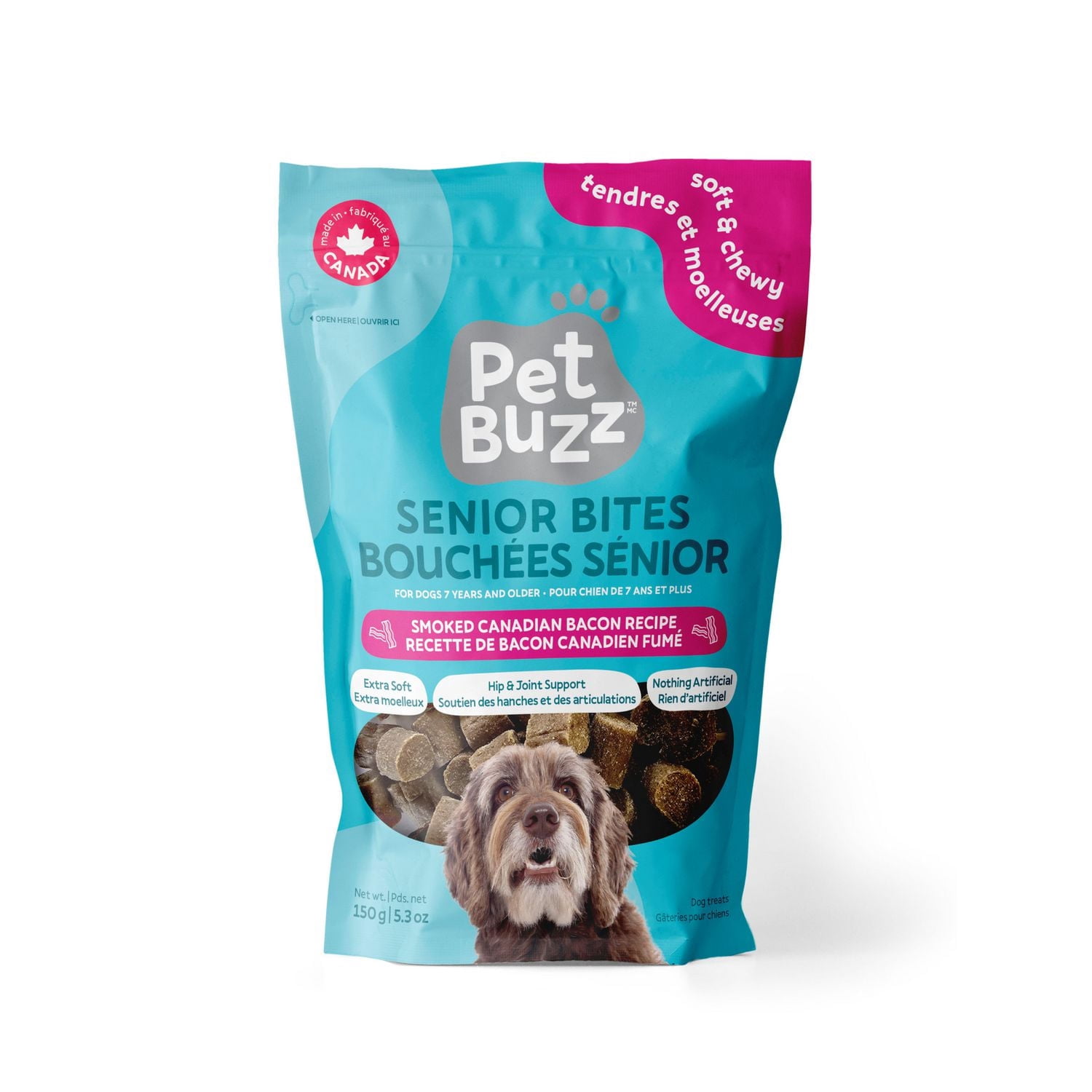Pet Buzz Senior Bites All-Natural Dog Treats, Extra Soft for Older Dogs, Smoked Canadian Bacon Dog Recipe, 150g Bag, Made in Canada