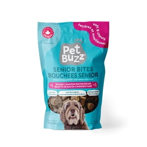 Pet Buzz Senior Bites All-Natural Dog Treats, Extra Soft for Older Dogs, Smoked Canadian Bacon Dog Recipe, 150g Bag, Made in Canada