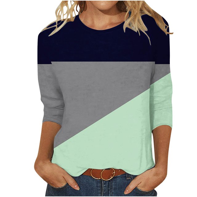 FAIWAD Women's 3/5 Sleeve Tunic Tops Round Neck Color Block Basic Loose Tops Casual Trendy Spring Summer Tops