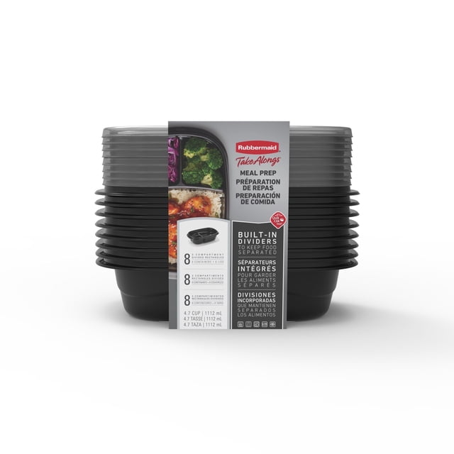 Rubbermaid Contenants à Emporter Divisés pour Préparation de Repas, 1,1 L (4,7 Tasses), Noir, Lot de 8 Empilés avec Couvercles Transparents, Dotés de Séparateurs de Style Bento Intégrés pour Garder les Aliments Séparés, Couvercles à Fermeture Rapide avec Clic Audible, Empilables et Emboîtables pour un Rangement Peu Encombrant, Compatibles Congélateur et Micro-Ondes, Idéals pour la Préparation de Repas et les Restes.