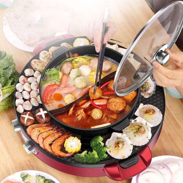 Electric Grill Indoor Hot Pot - Smokeless Korean BBQ with Non-Stick Pan. Multifunctional Hot Pot Shabu Shabu Pot with Divider. Dual Temperature Control