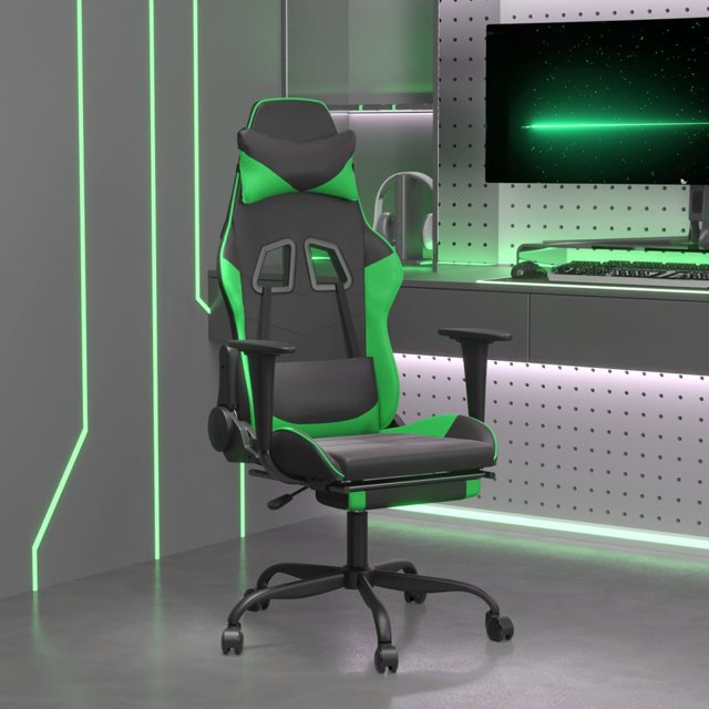 vidaXL Gaming Chair with Footrest in black and green faux leather, designed for ergonomic comfort with adjustable backrest, height, and footrest. Features include a 360-degree swivel design and rolling castors for mobility. Displayed in a modern gaming room with green LED lighting and a sleek desk setup.