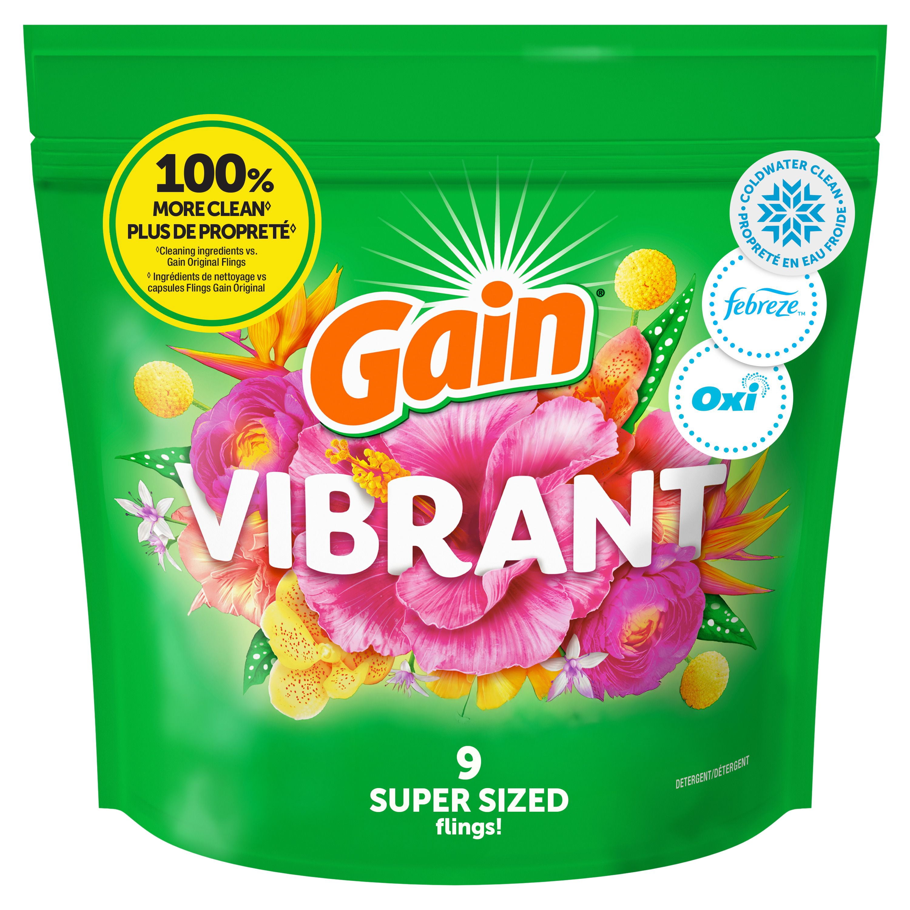 Capsules de détergent à lessive Gain Super Flings, 9 unités, Vibrant, irrésistiblement propre et frais
