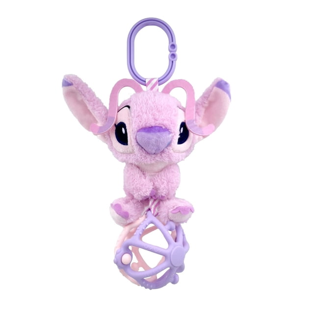Kids Preferred Disney Angel Activity Toy with Silicone Ball Cuteeze featuring a soft pink and purple plush character with embroidered eyes, crinkle ears, and a removable silicone teether ball, hanging from a purple clip for stroller or car seat attachment, designed for infant sensory and teething play.