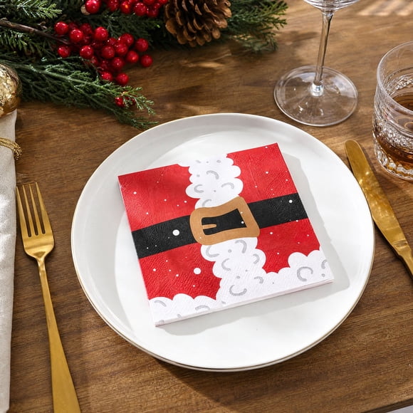 Serviettes Brodées avec Ceinture du Père Noël, 20 Pcs, Décorations de Table pour Rassemblement de Fête des Fêtes, Serviettes en Papier