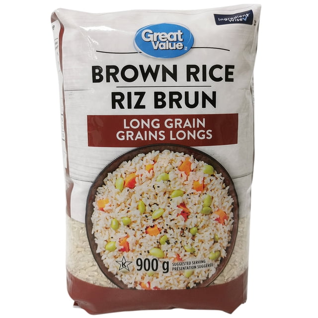 Great Value Long Grain Brown Rice 900 g bag with bilingual English and French text, featuring a bowl of cooked brown rice with vegetables on the front. This imported rice from Thailand is easy to cook and adds nutty flavour and texture to meals.