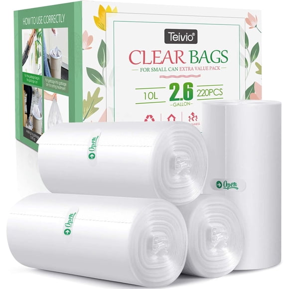 10 Liter 220 Counts Strong Trash Bags Kitchen Garbage Bags by Teivio, Bathroom Trash Can Bin Liners, Small Plastic Bags for Home Office,2,2.6,3 Gallon Toilet Wastebasket, Clear