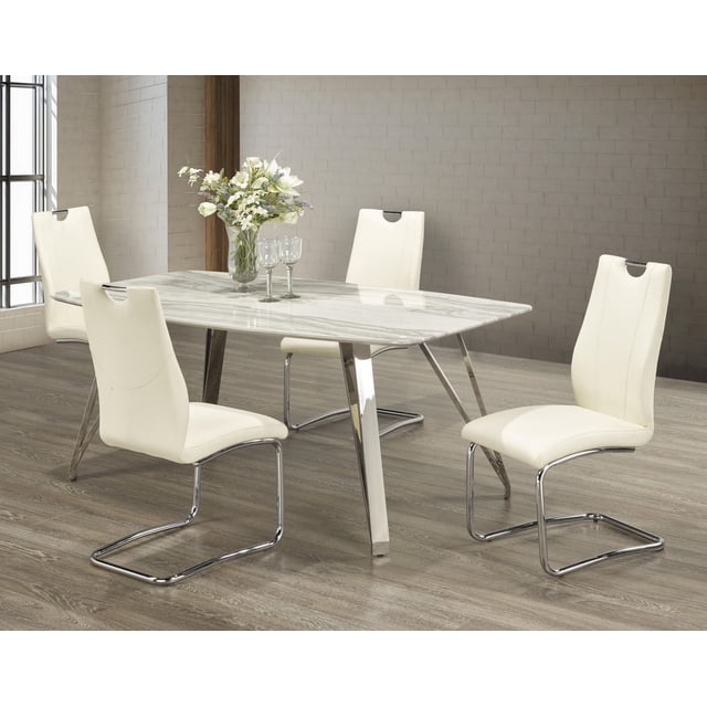 Ensemble de Salle à Manger Tavern 5 Pcs, Blanc avec un Plateau Rectangulaire en Papier Marbre en Gris Truite et Blanc, Supporté par des Pattes Évasées Chromées. Comprend Quatre Chaises Rembourrées en Porcelaine Blanche avec Sièges Rembourrés et des Pattes cantilever Chromées avec Poignées de Tirage pour un Réarrangement Facile. Idéal pour les Salles à Manger Modernes avec un Plancher Aspect Bois et des Murs en Briques Neutres.