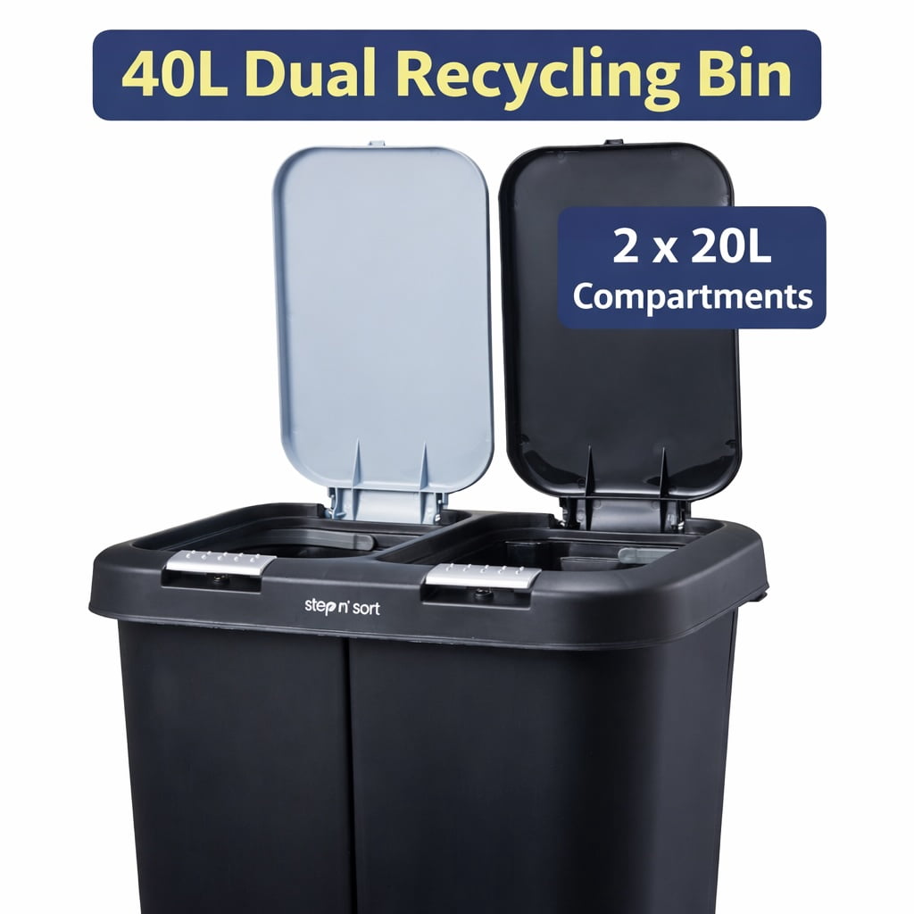 Step N’ Sort 40L Dual Trash & Recycling Bin – 2 x 20L Kitchen Garbage Can, Hands-Free Step Pedal, Dual Lid Opening, Soft-Close Lid, Removable Inner Bins, Black