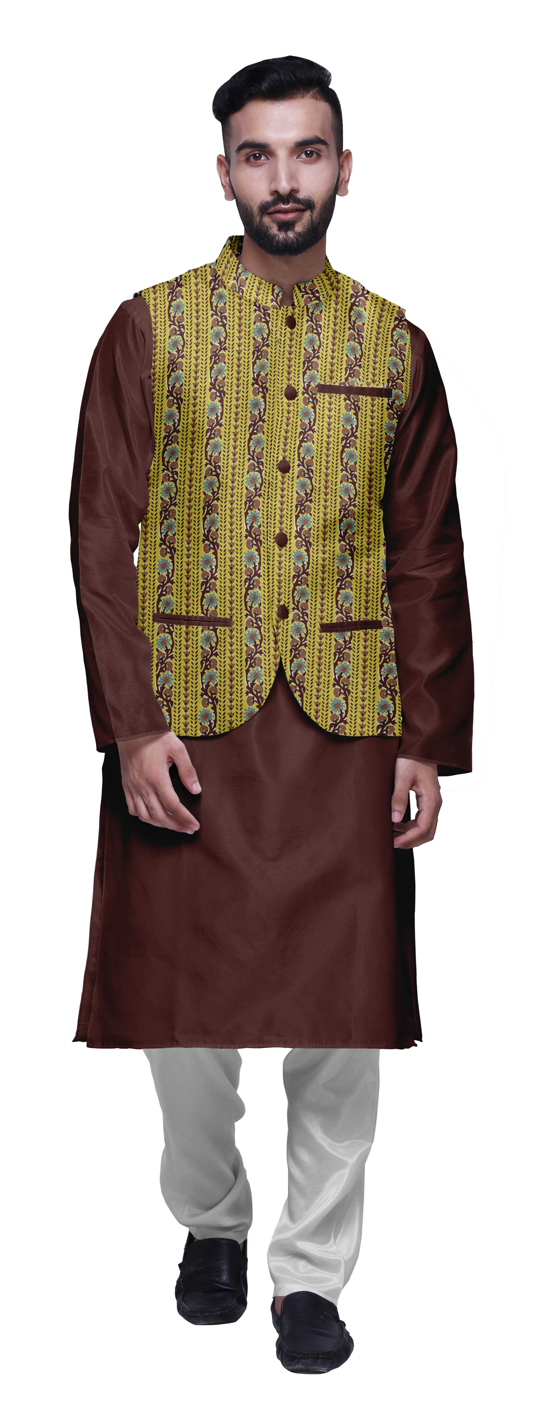 Atasi Ensemble de Pyjama Kurta Churidar Ethnique avec Veste Nehru Imprimée pour Hommes