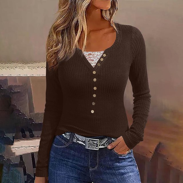 Qertyioot Chemise Blouse Décontractée pour Femme à Boutons, Manches Longues, Col Rond, Ajustée, avec Dentelle Cousue