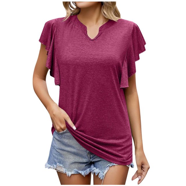 Birdeem Womens Spring and Summer Flounce V-Neck Solid Color Bottom T-Shirt Hollow Top
