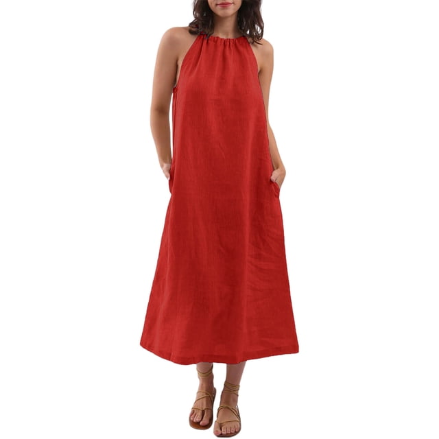 Kaemgyyd Robes à Col Licou pour Femmes Été Sans Manches Robe d'Été Décontractée Plage Vacances Fluide Bohème Mi-Longue avec Poches