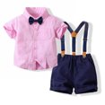 thumbnail image 1 of Qudderr Ensemble 3 Pcs pour Tout-Petits Garçons Bébé, Tenue de Gentleman, Robe de Mariage pour Enfants, Chemise à Manches Courtes + Nœud Papillon + Shorts à Bretelles, Ensemble d'Été en Coton 1-6 Ans, 1 of 9