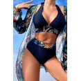 thumbnail image 4 of Women's Navy Blue 3pcs Tropical Contrast Trim Halter Bikini Set with Cove up, 4 of 4