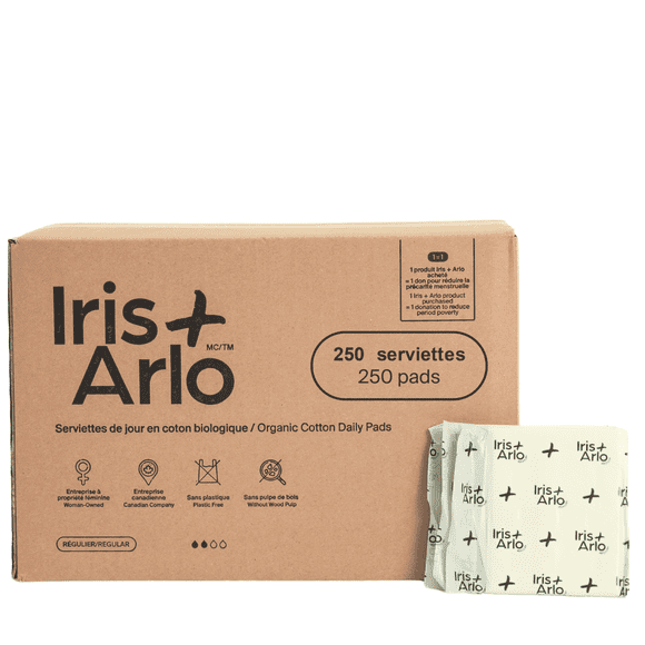 Iris + Arlo Organic Pads 100% Cotton Regular Bulk (250 Count) for Women + all Menstruators | Sanitary Pads
