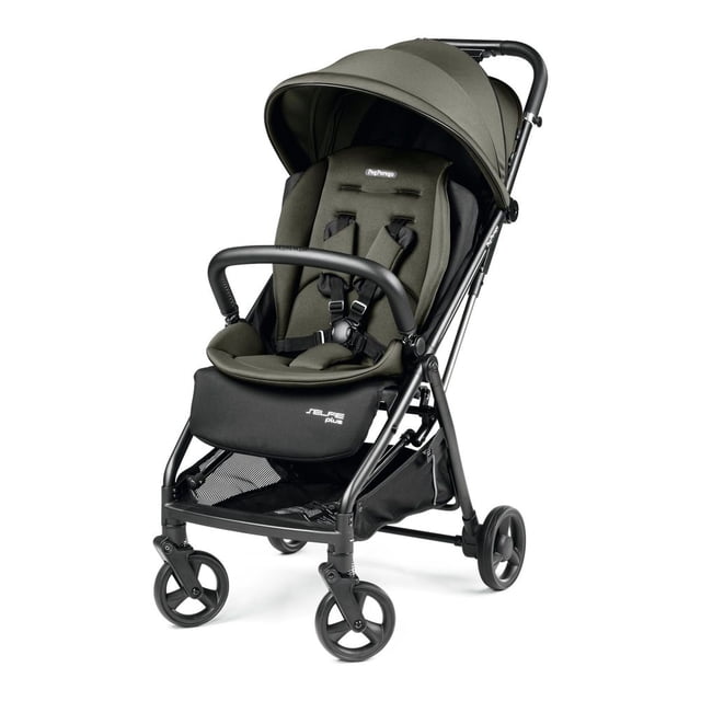 Peg Perego Selfie Plus Stroller in a metal finish, featuring a lightweight aluminum frame and compact design. The stroller includes a large UPF 50+ hood, an adjustable 5-point harness, and a removable eco-leather front bar. It has ball-bearing wheels with suspension for smooth steering and an Easy Drive system. The seat is ultra-comfortable with a removable double lining for hygiene and reclines from 97 to 170 degrees. Suitable for children from birth up to 22 kg. Includes a carry-all basket and folds automatically with one hand.