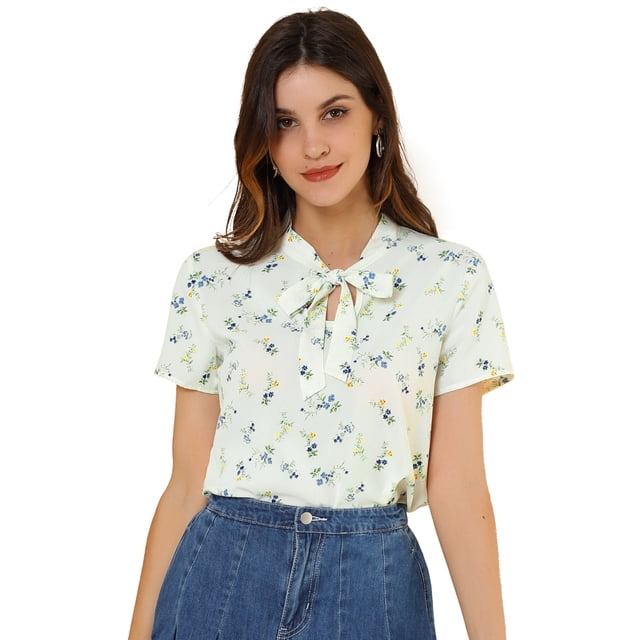 INSPIRE CHIC Women's Short Sleeve Tie Bow Neck Printed Blouse