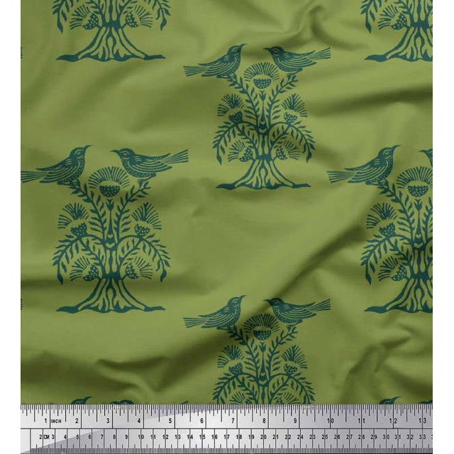Soimoi Cotton Voile Fabric Bird & Tree Block Print Sewing Fabric Yard 56 Inch Wide