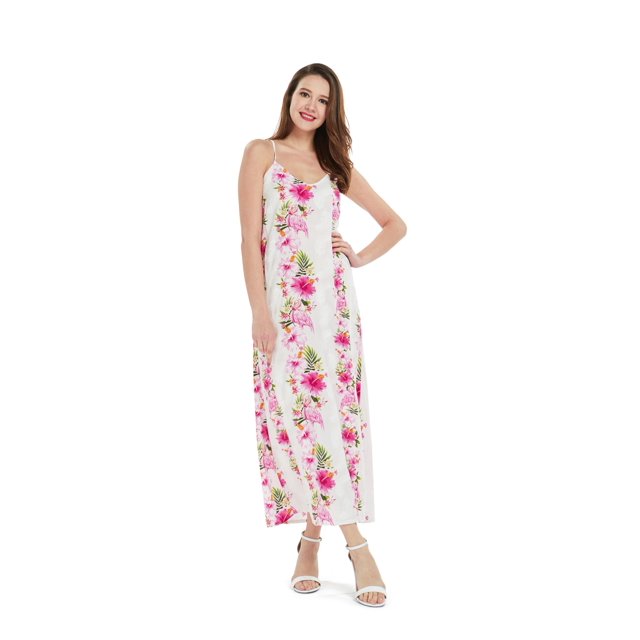 Robe Maxi à Imprimé Floral Hawaïen pour Femmes L Vigne Hibiscus Rose