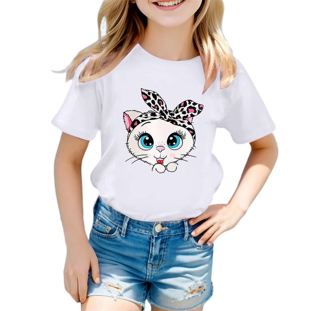 PMVFHDE T-Shirts d'Été Décontractés pour Filles T-Shirt Mignon à Motif pour Fille Col Rond Manches Courtes T-Shirt d'Été Décontracté Blanc, 8-9 Ans