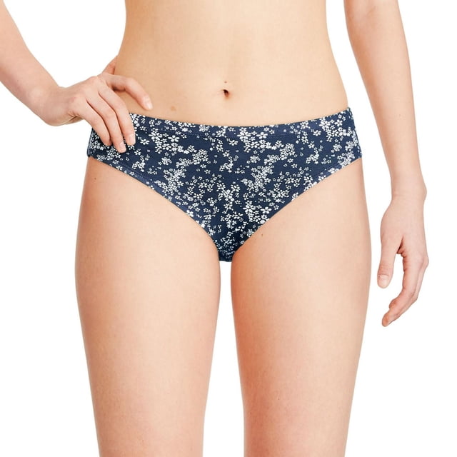 George Women's Bikinis 10-Pack showing a navy blue bikini with white floral print, made of 60% cotton and 40% polyester, featuring an elasticized waistband and moderate coverage in a bikini cut, ideal for everyday wear, displayed on a model from waist to upper thighs against a white background.
