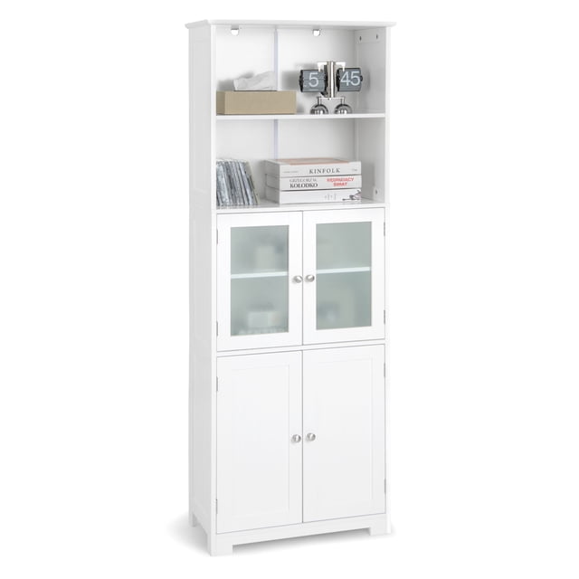 Gymax Armoire de Rangement Haute pour Salle de Bain, Tour à Linge avec Porte en Verre et Tablette Ajustable en Blanc. Cette Armoire de 64 Pouces de Hauteur Présente six Niveaux, Incluant Deux Tablettes Ouvertes et Deux Armoires Fermées avec Portes en Verre Givré Trempé. Fabriquée en MDF P2 durable avec une Finition Lisse et Imperméable, Elle Comprend des Tablettes Ajustables pour un Rangement Personnalisable. Parfaite pour les Projets de Rénovation de Salle de Bain, l'Organisation d'Essentiels comme les Serviettes, les Shampoing Ou les Ustensiles de Cuisine. l'Armoire Présente un design Moderne avec des Boutons Ronds en Métal et des Pieds Suré