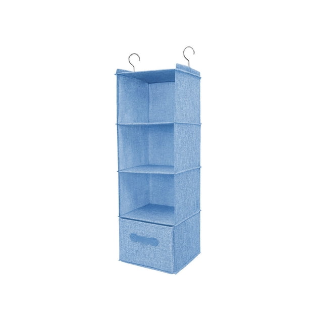 fastboy Cotton Linen Hanging Closet Multi Layers Pockets Clothes Organizer Bag Folding Shelves Dual Hooks Wardrobe Sorting Rack Blue 4 Layers