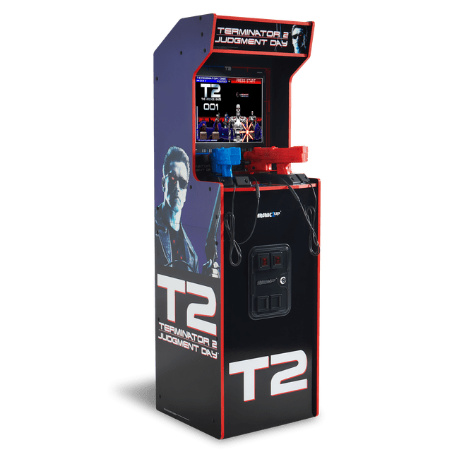 Arcade1Up Terminator 2 Deluxe Arcade Machine with 17-inch BOE color screen displaying Terminator 2: Judgment Day gameplay, featuring red and blue real-feel arcade light guns, black cabinet with detailed Terminator 2 artwork, glowing light-up marquee, and Wi-Fi leaderboards for classic at-home arcade gaming.