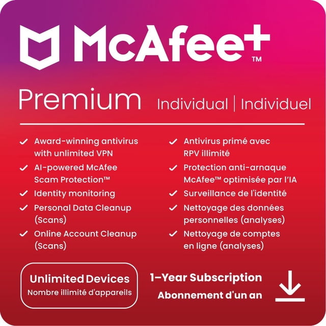 McAfee+ Premium Carte de code Numérique Individuelle pour Abonnement de 1 An avec Arrière-Plan Dégradé Rouge à Violet, logo McAfee Blanc, et antivirus Bilingue Anglais-Français pour Inscription avec VPN Illimité, protection contre les Escroqueries Alimentée par l'IA, Surveillance de l'Identité, Analyses de Nettoyage des Données Personnelles et en Ligne, pour Appareils Illimités.
