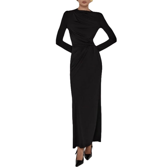 RXMEKW Asymmetrical Neck Maxi Dress for Women Long Sleeve Ruched-Waist Slim Fit Solid Color