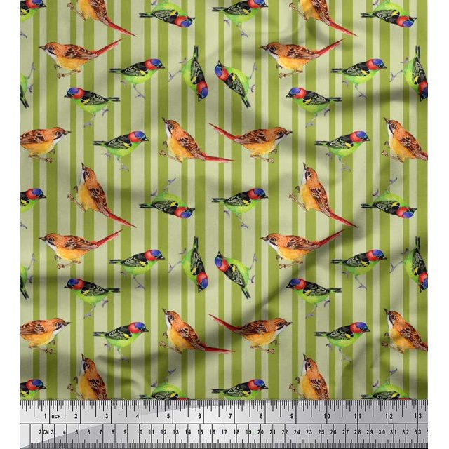 Soimoi Cotton Cambric Fabric Stripe & Sparrow Bird Print Fabric by The Yard 56 Inch Wide
