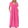 thumbnail image 1 of AherBiu Robe T-Shirt Longue Grande Taille pour Femmes à Manches Courtes, Col en V, Été, Décontractée, Confortable, avec Poches, 1 of 5