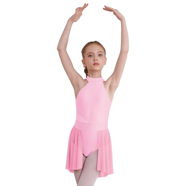 Jhaoyu Robe Justaucorps de Ballet pour Filles Enfants avec Strass Robe de Patinage Artistique sur Glace Tenue de Danse Lyrique Contemporaine Rose 16