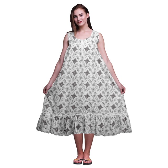 Bimba White8 Robe de Nuit en Coton à Imprimé Floral pour Femmes, Sans Manches, Tenue de Nuit, Robe Maxi, Moyen