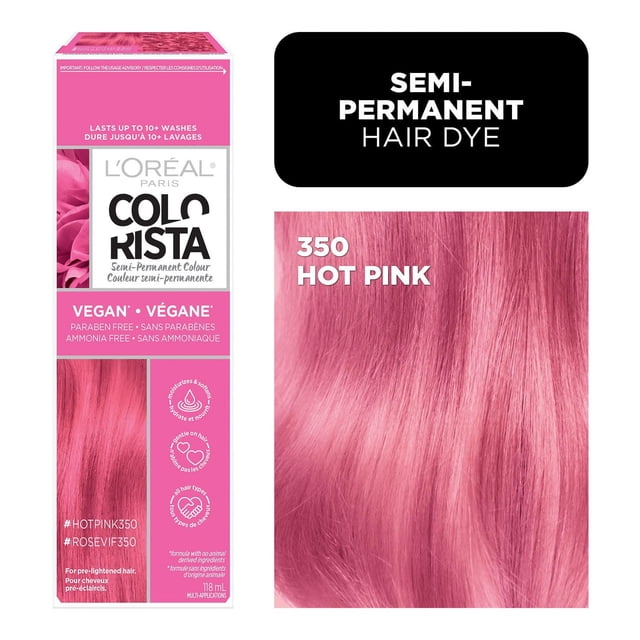 Oréal Paris Colorista L' Coloration Semi-Permanente pour Cheveux en 350 Rose Vif, Présentée en Rose et Blanc Végane, Sans Parabènes et Sans Ammoniaque, avec un Gros Plan de Brins de Teinture Semi-Permanente Rose Vif Vif, Convient aux Cheveux Pré-Éclaircis.