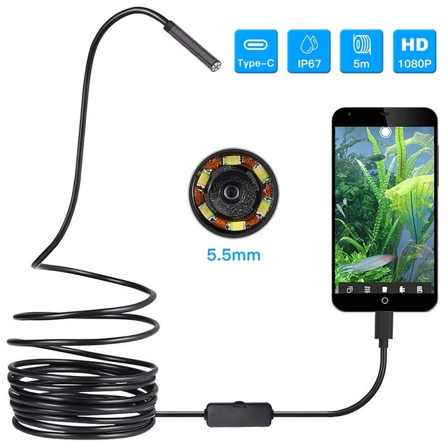 USB Endoscope, 5.5mm Borescope Inspection Camera for Android and Windows devices with 6 LED lights, featuring a 5m (16.4ft) waterproof cable and adjustable brightness. Suitable for automotive diagnostic tools, leak detection, and underwater inspections. Includes accessories like a small hook, magnet, side audition, and USB adapter.