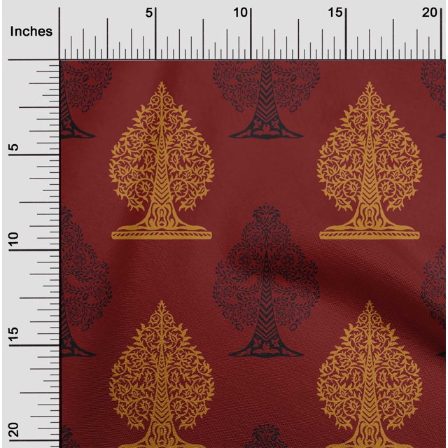 oneOone Polyester Lycra Dark Red Fabric Floral & Flying Swan Block Craft Projects Decor Fabric Printed By The Yard 56 Inch Wide