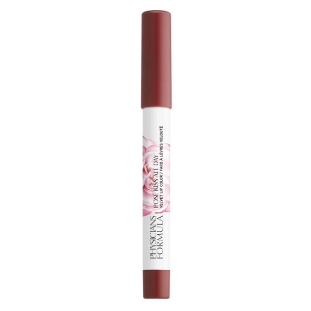 Rosé All Day Wine & Dine Velvet Lip Color by Physicians Formula, a slim lip color pen with matte dusty rose cap and base, white tube with pink rose graphic and black text, featuring antioxidant-rich, non-drying formula for smooth, hydrated lips and velvety-matte finish.