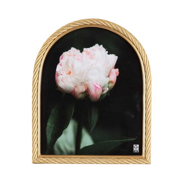 Domingo Arch Gold Rope Tabletop Picture Frame with an 8x10 gold braided arch design and attached easel, displaying a close-up photo of a white and pink peony flower on a dark background, suitable for tabletop or wall display in home décor.