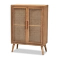thumbnail image 1 of Baxton Studio Mid-Century Brown Oak Finished Wood and Rattan Storage Cabinet, 1 of 9