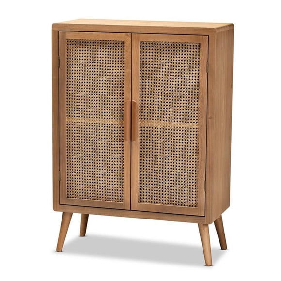 Baxton Studio Armoire de Rangement en Bois Fini Chêne Brun et Rotin de Style Mi-Siècle